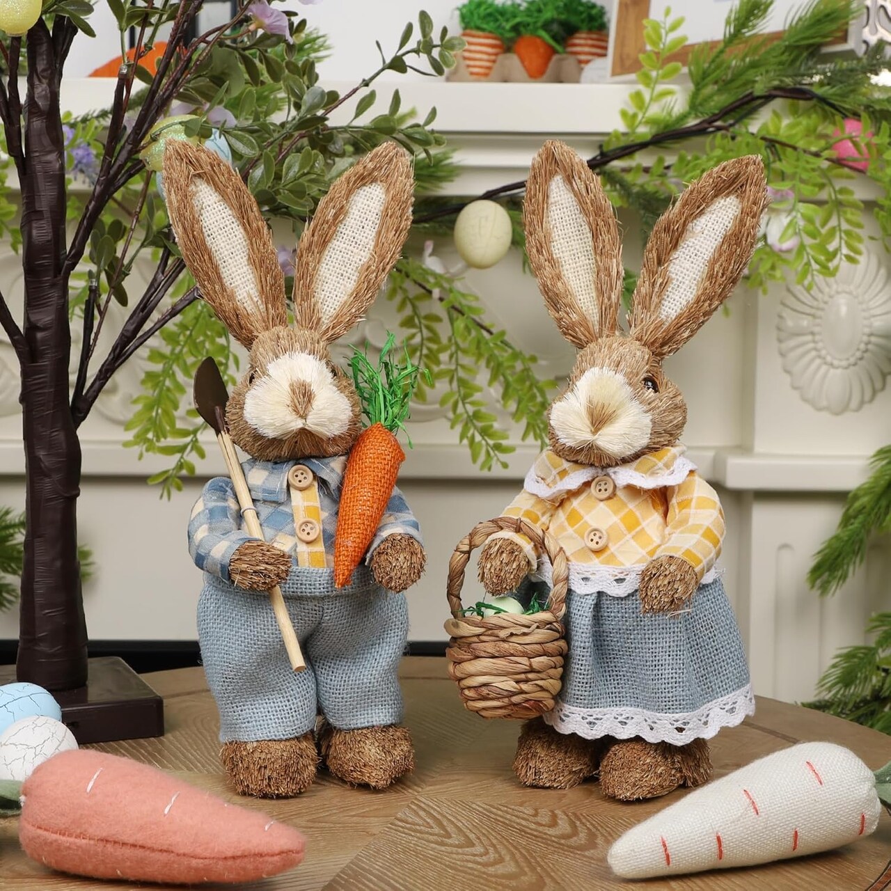 Set of 2 Easter Decorations 13" Bunny Figurines Tabletop Spring Decor, Rustic Straw Bunny Couple with Carrot, Sisal Rabbit Statues Ornaments for Table Home Office Kitchen Farmhouse